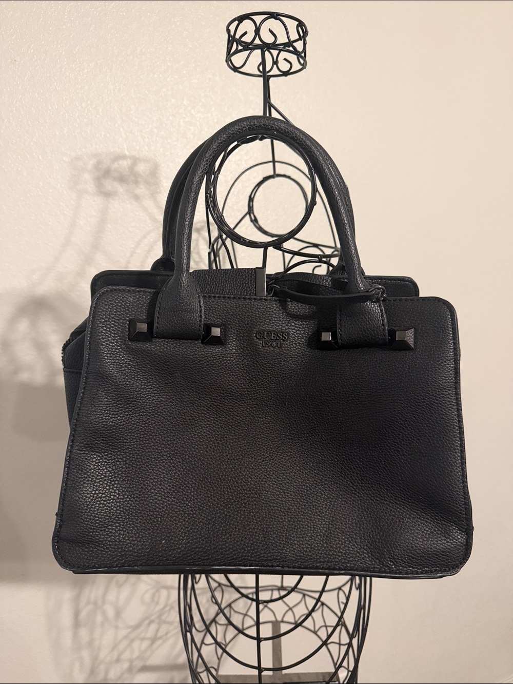 GUESS Black Textured Pebbled Satchel Handbag